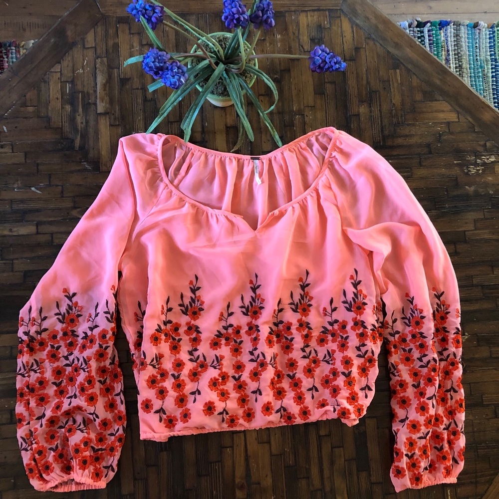 Free People, pink floral long sleeve top.